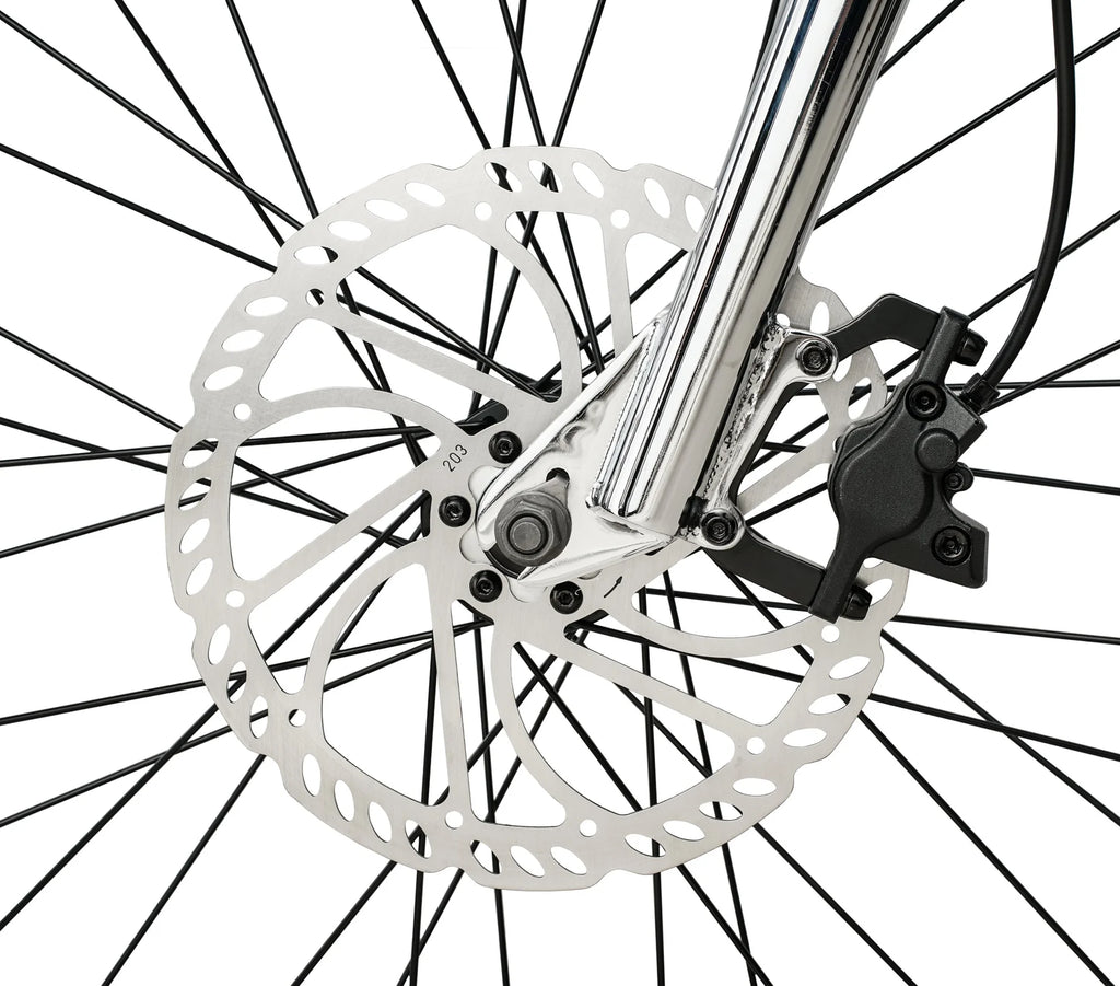 Close-up of a bicycle wheel with disc brake system