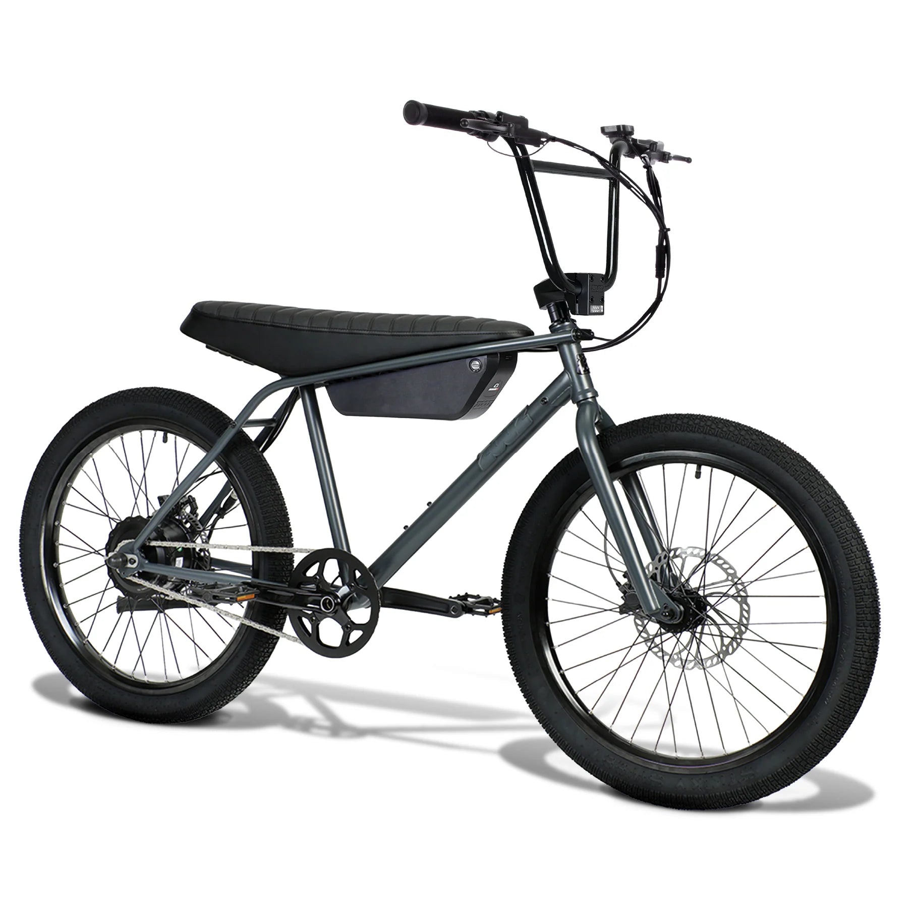 Gray electric bike with a black seat on a white background 