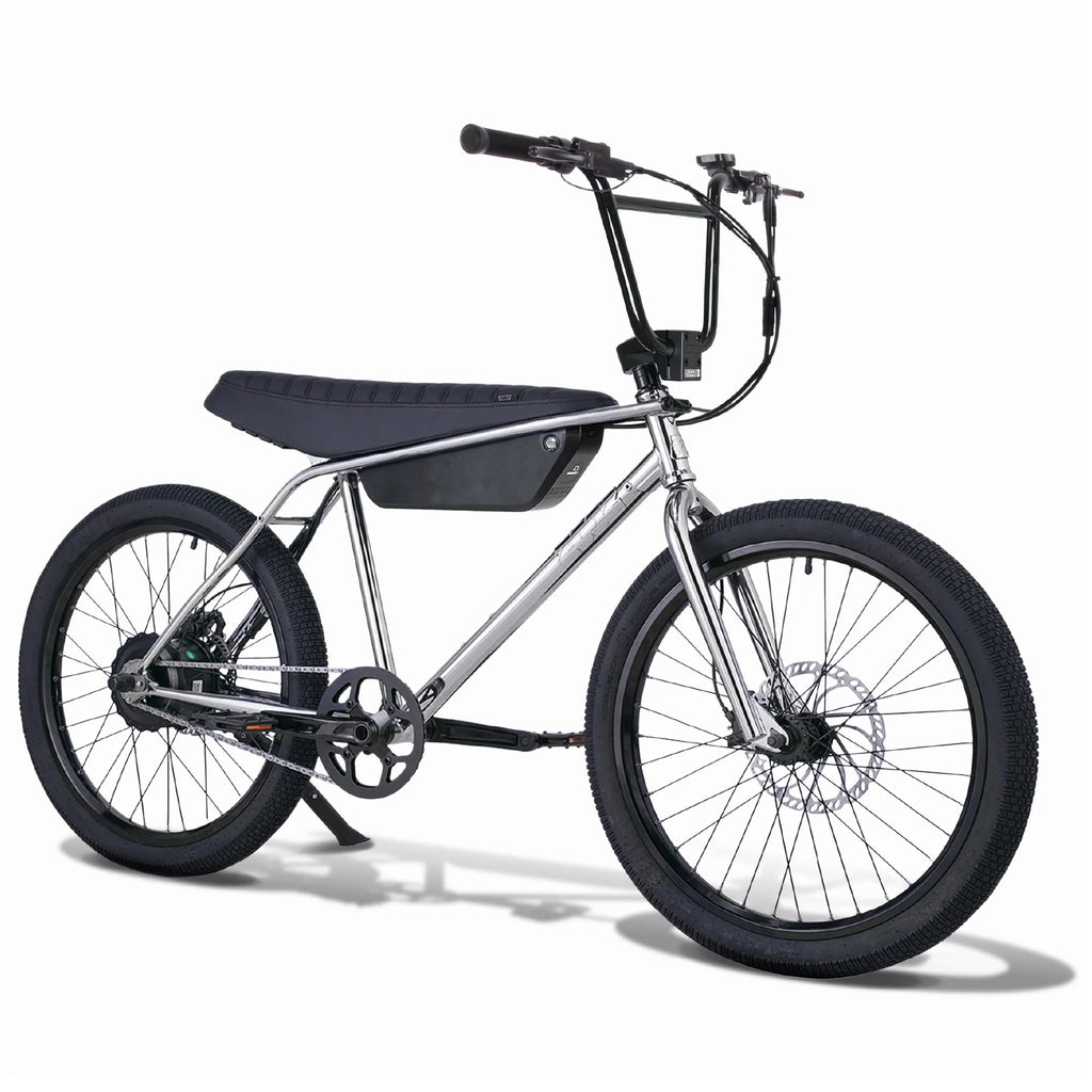 Bicycle with black seat and tires on a white background