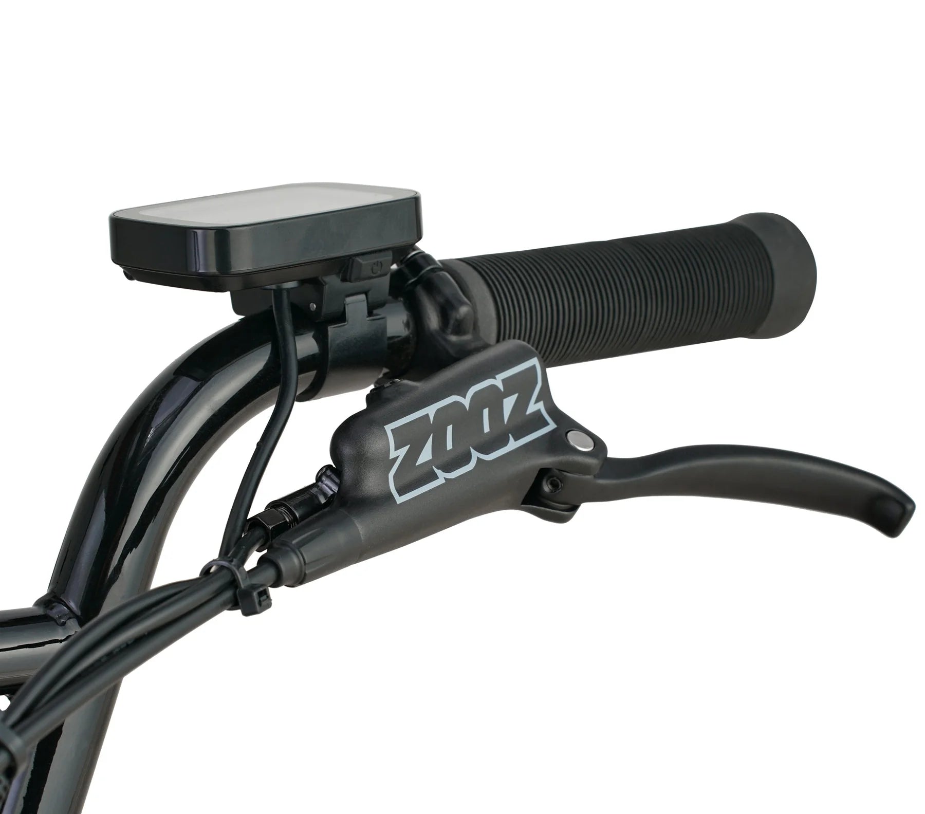 Bicycle handlebar with ZOIZ device on a white background