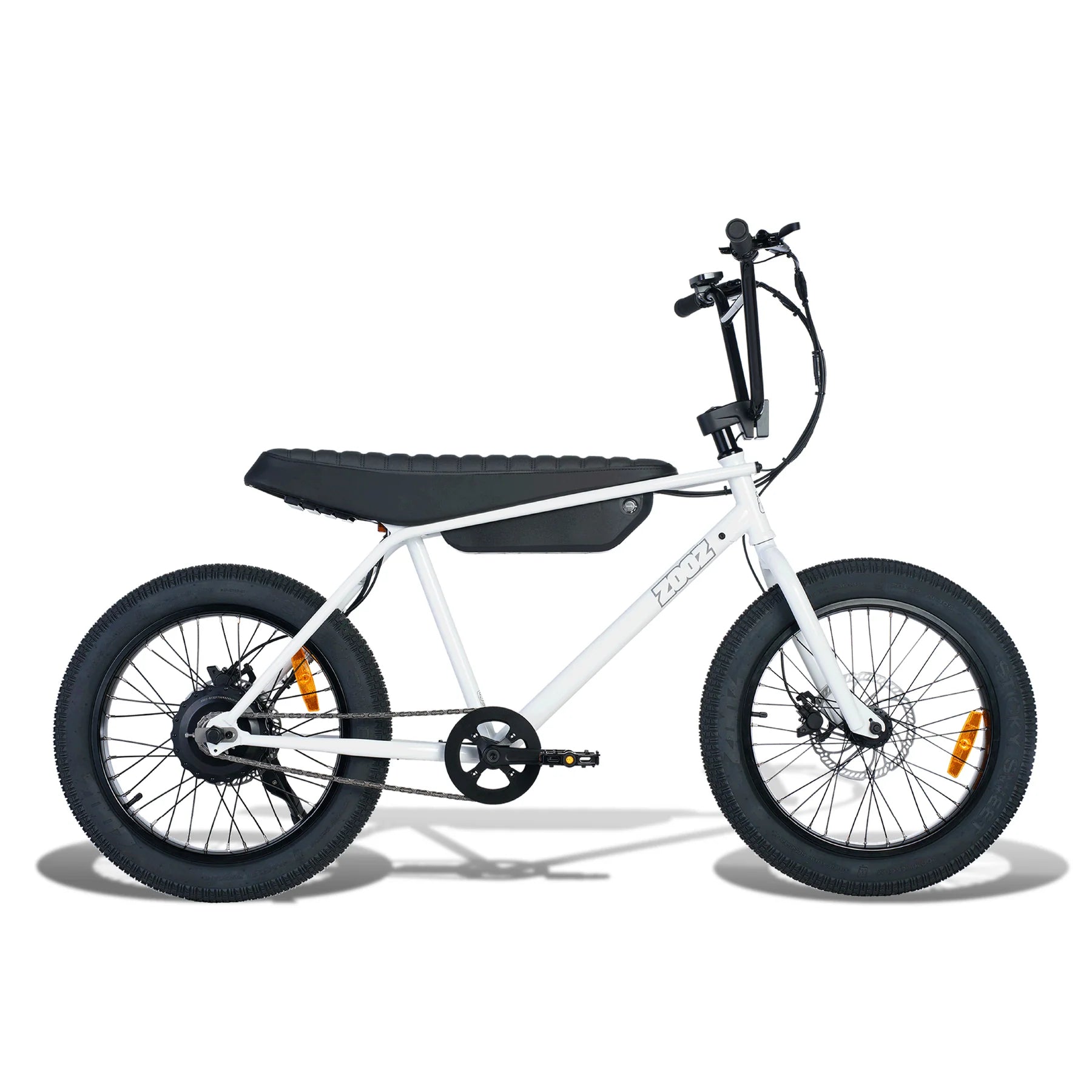 White electric bike with black seat on a white background