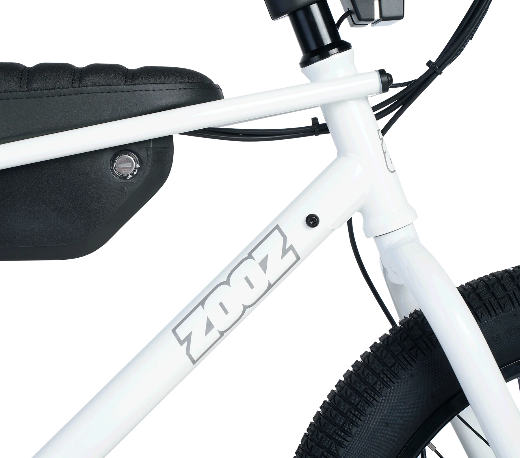 Close-up of a white bicycle with 'Zoop' branding on a white background