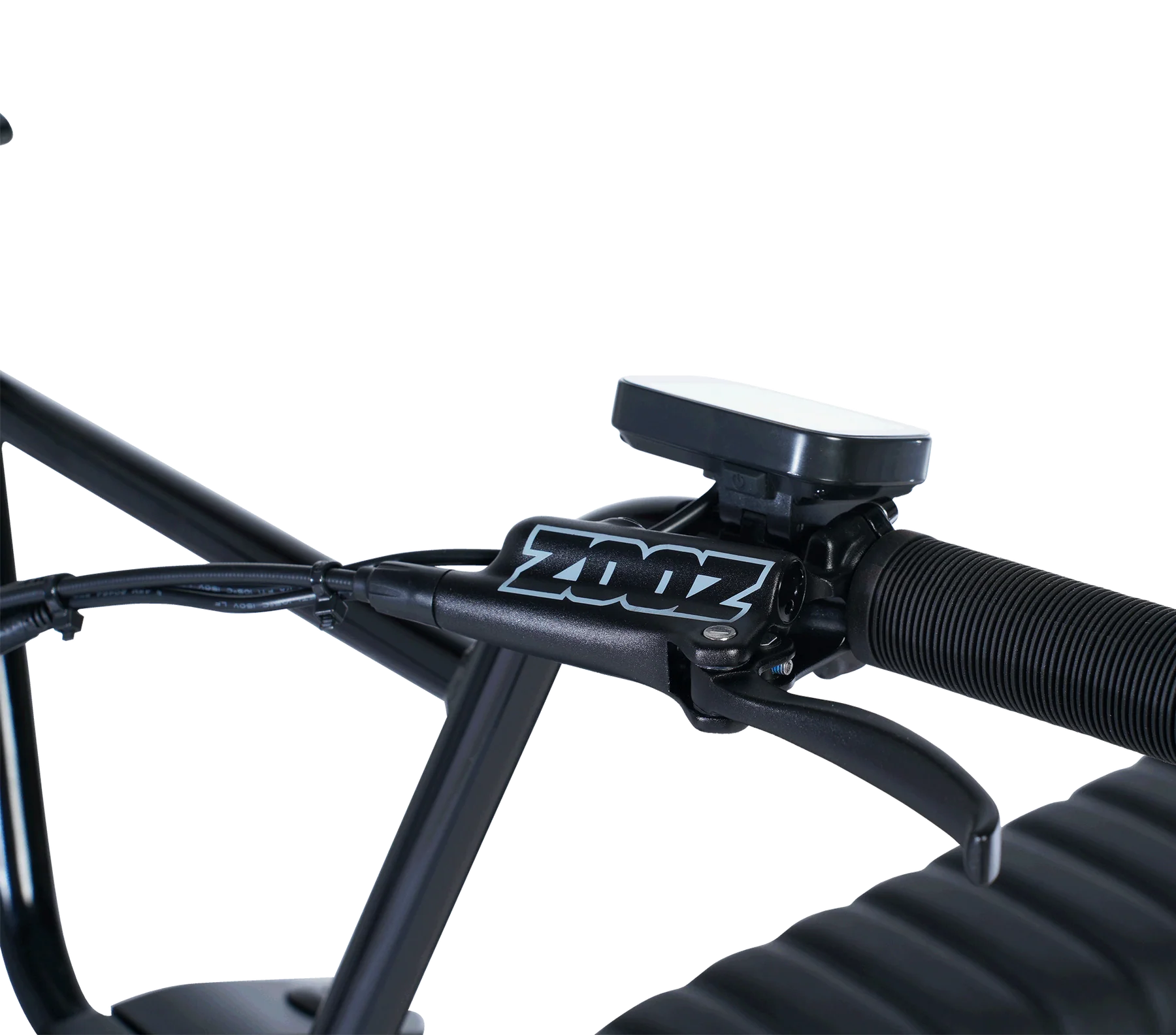 Close-up of a bicycle handlebar with a Zoonz device attached on a white background