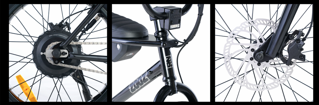 Collage of a bicycle's gear, seat, and wheel on a white background