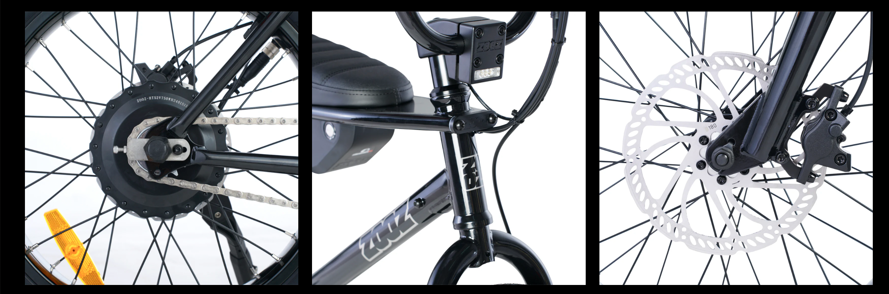 Collage of a bicycle's gear, seat, and wheel on a white background