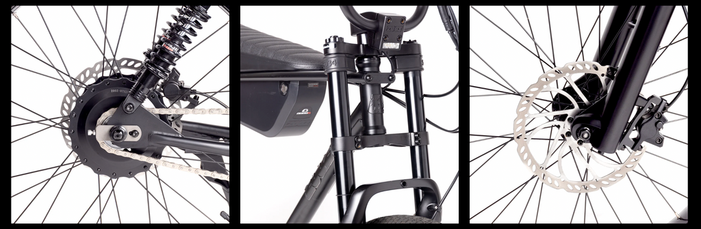 Close-up of a bicycle's rear wheel, seat, and front wheel with disc brake.
