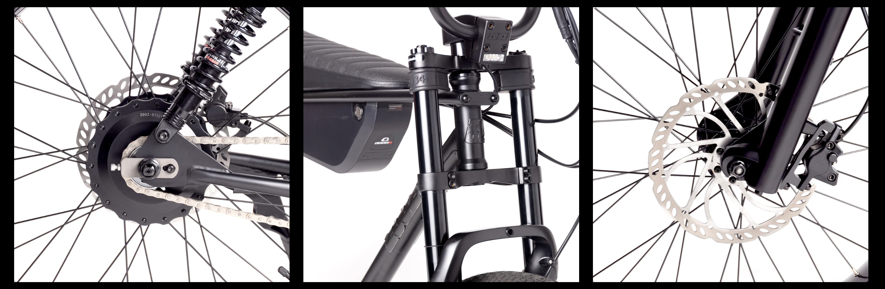 Close-up of a bicycle's rear wheel, seat, and front wheel with disc brake.