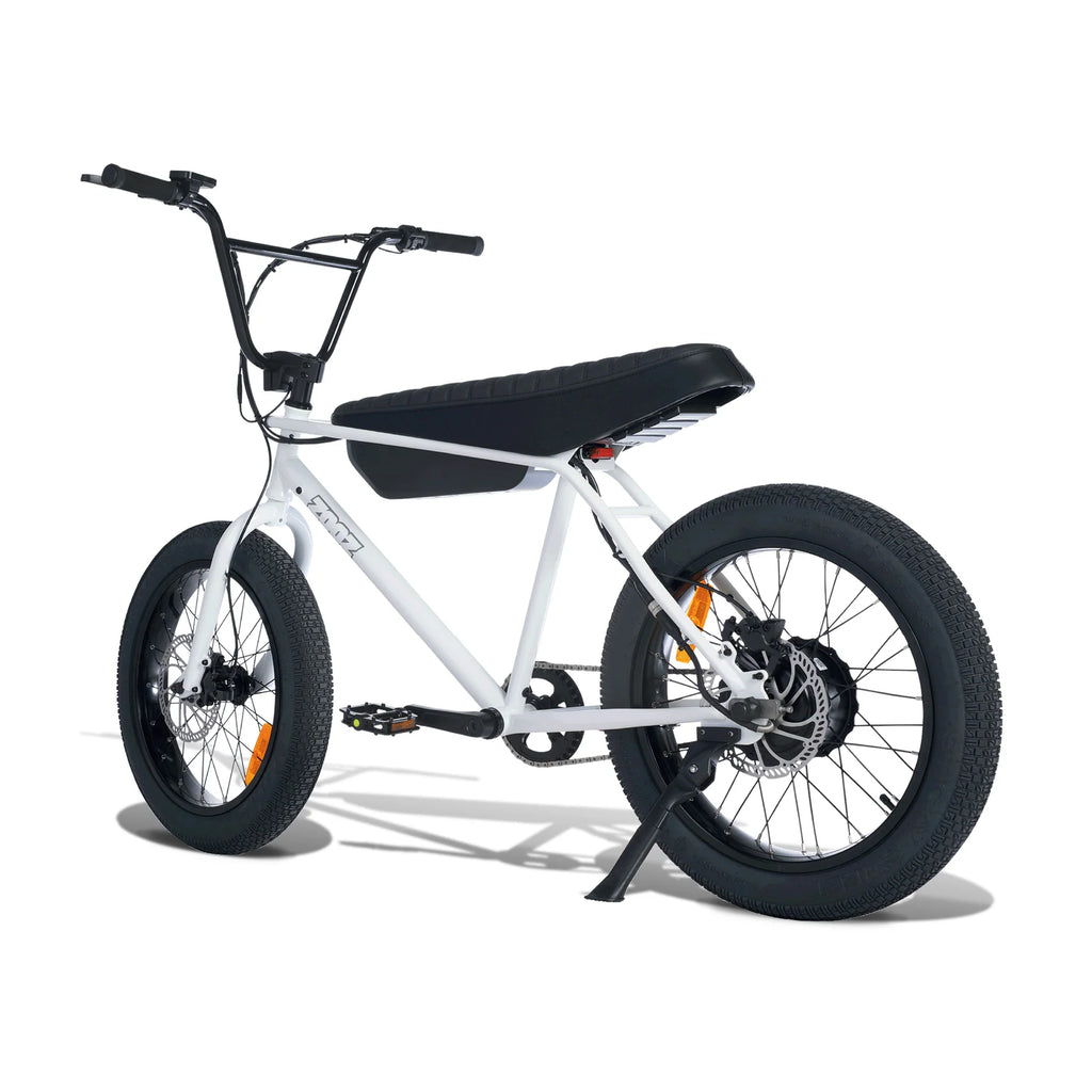 White electric bike with black seat on a white background