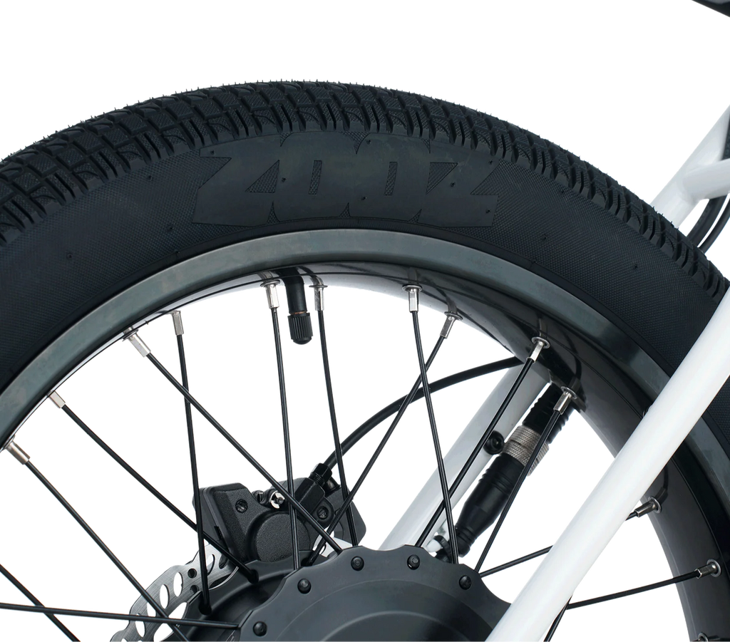 Close-up of a bicycle wheel with tire and suspension fork on a white background