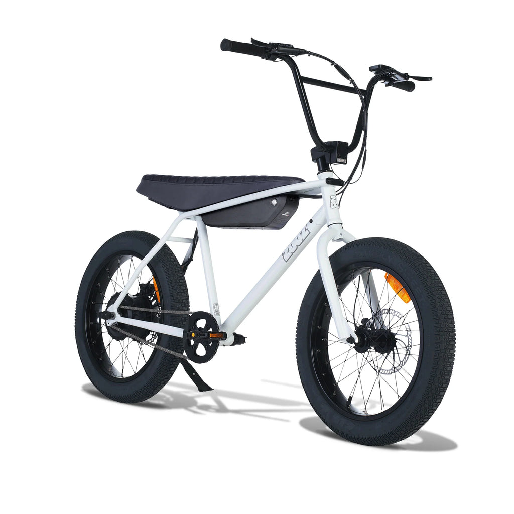 White electric bike with black seat on a white background