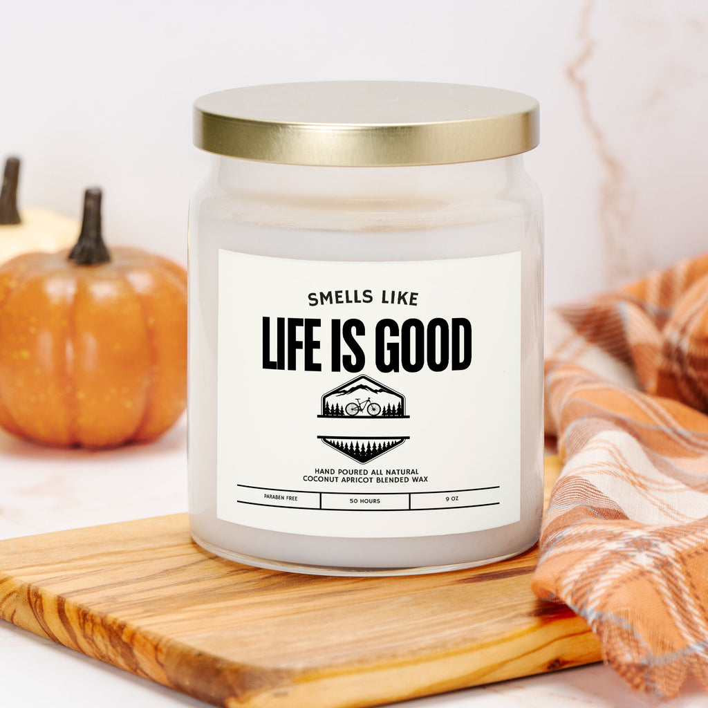 Bike Lover Gift, "Life is Good" Candle, Oakmoss & Amber, Apricot Coconut Wax, 50 Hr Burn, Stocking Stuffer for Cyclists