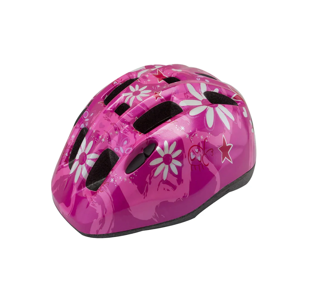 A pink bicycle helmet with a glossy finish, decorated with white daisy flowers, red stars, and a red 'BC' logo on the side, shown against a plain white background.