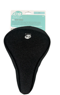 A black C9 Cloud 3 gel seat cover for bicycles, shown with its original retail packaging card on a gray wood-plank floor.