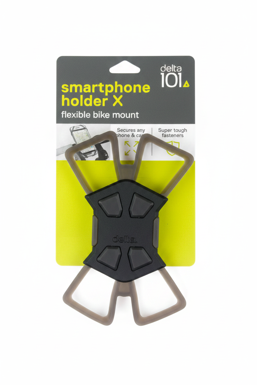 Delta 101 Smartphone Holder X flexible bike mount in black and brown, attached to its original retail blister card packaging, placed on a wooden floor.