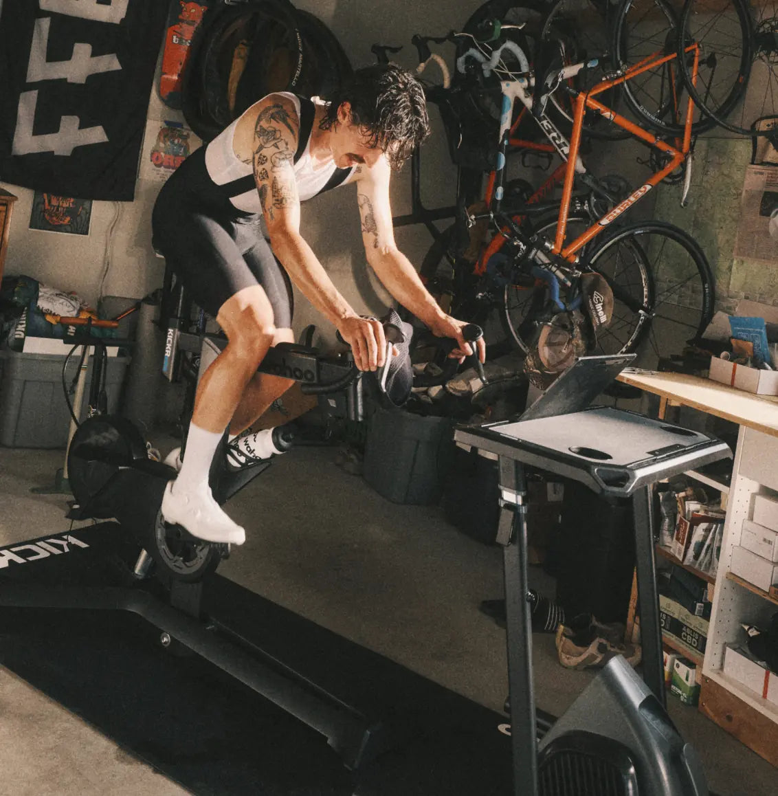 Rider on a Wahoo KICKR BIKE PRO smart bike