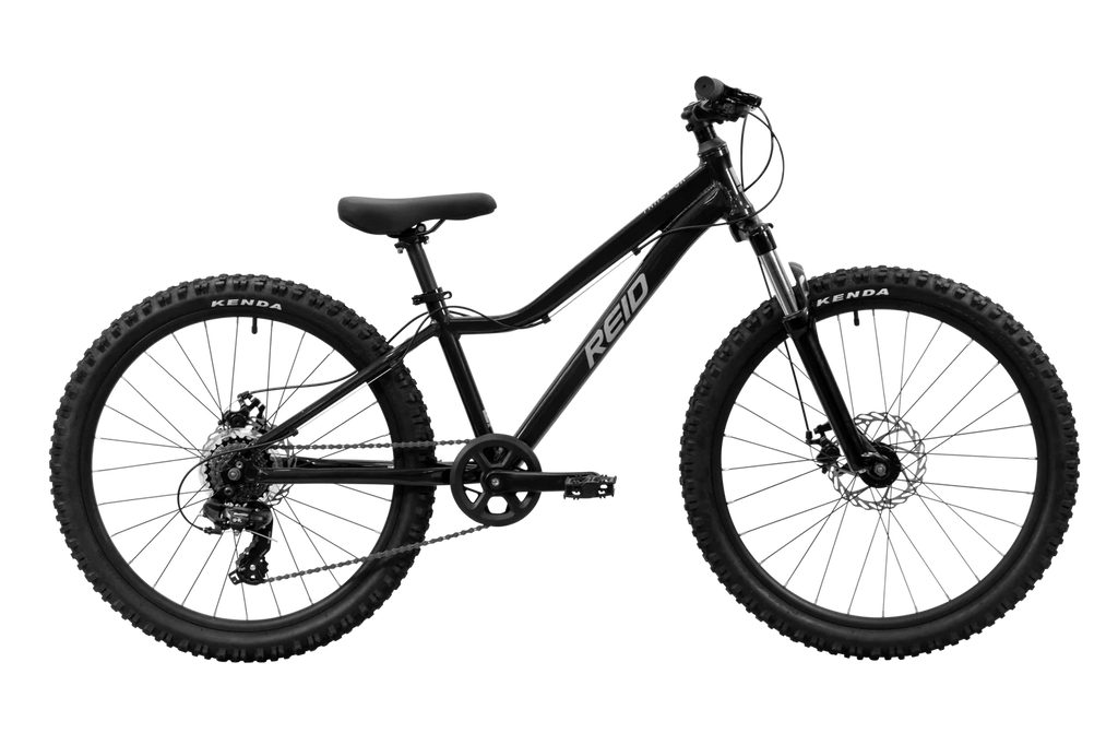 Black children's bike with Reid branding on a white background