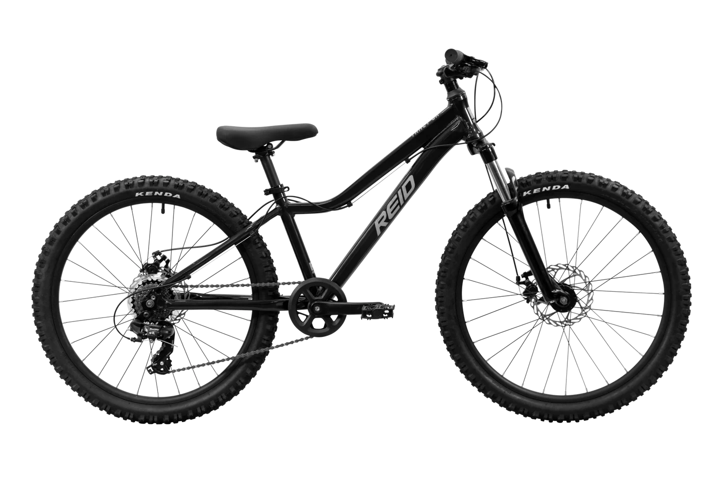 Black children's bike with Reid branding on a white background