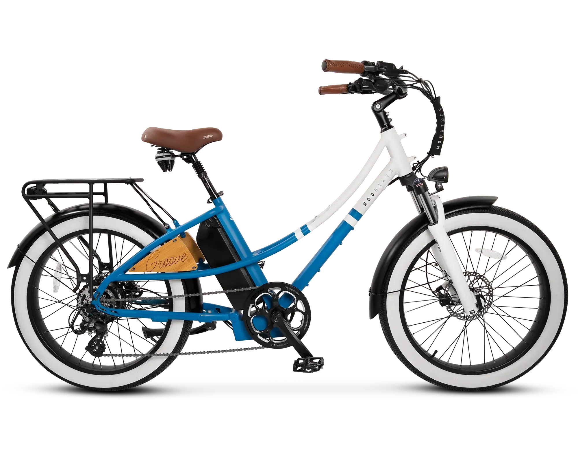 Blue and white electric bicycle 