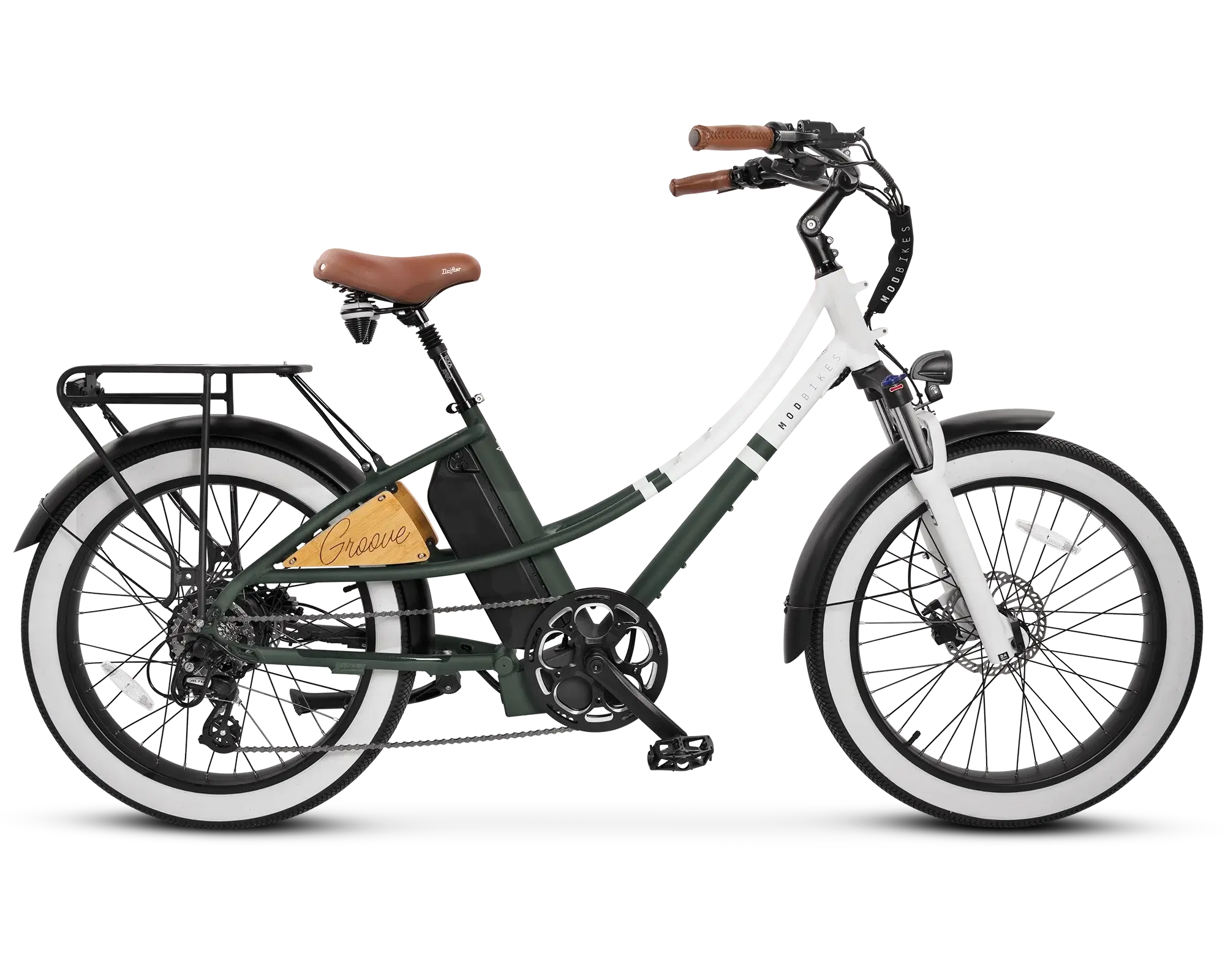 Electric bike with a white frame and green frame