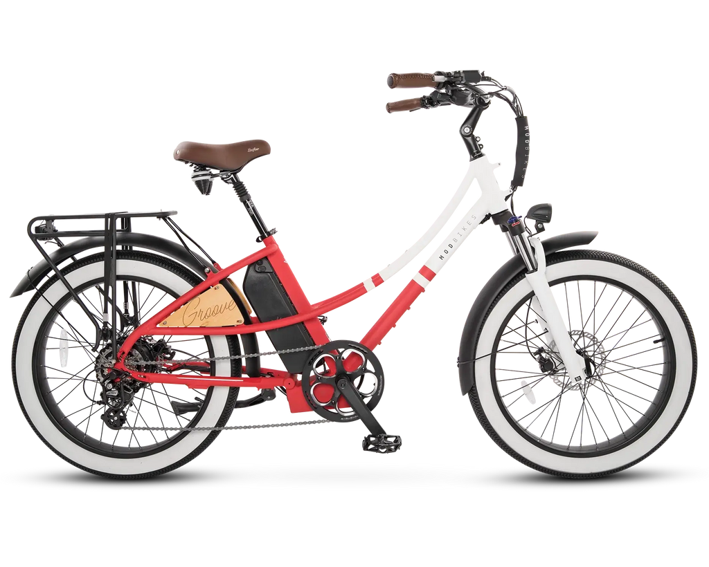 Red and white electric bicycle 