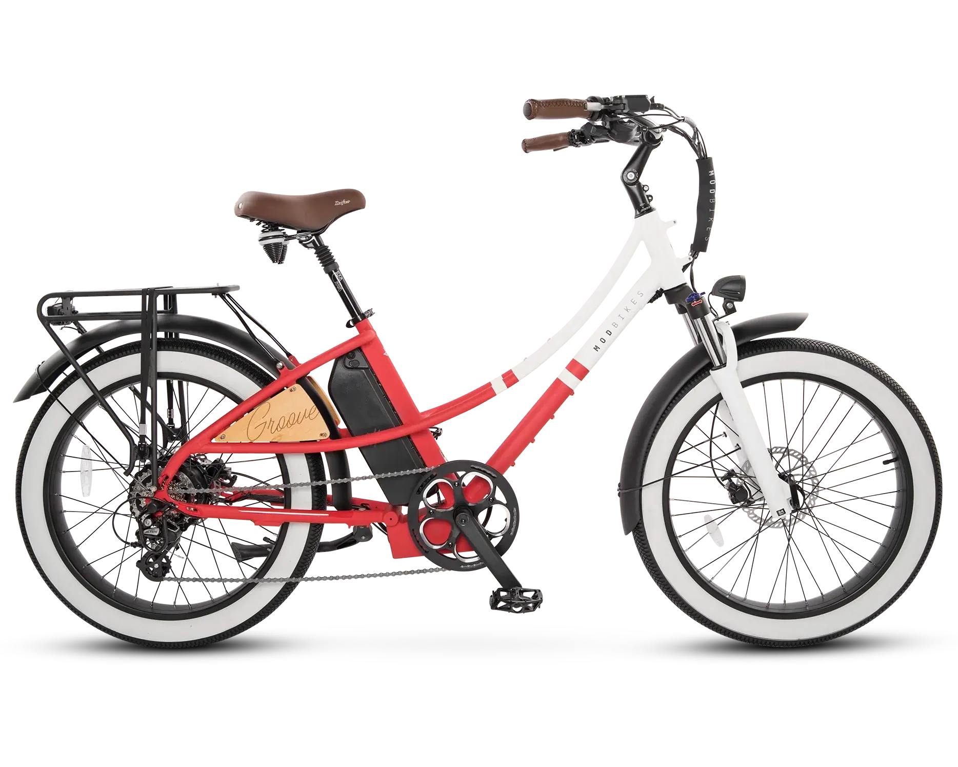 Red and white electric bicycle 