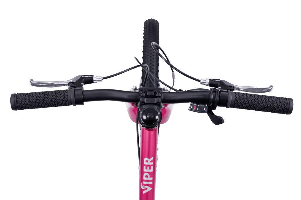 Close-up of a bicycle handlebar with 'Viper' branding on a white background