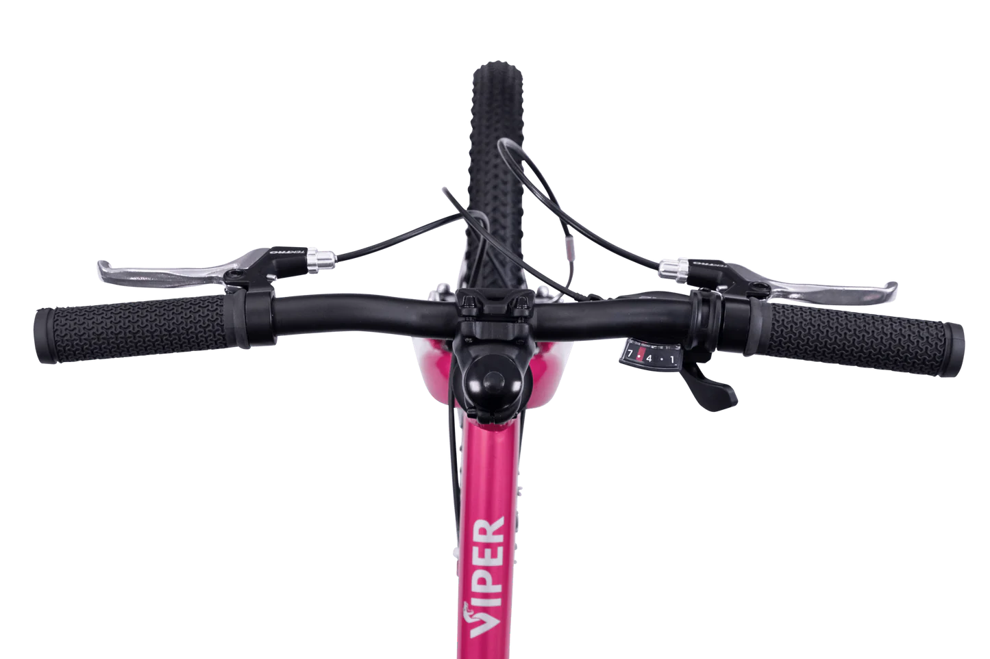 Close-up of a bicycle handlebar with 'Viper' branding on a white background